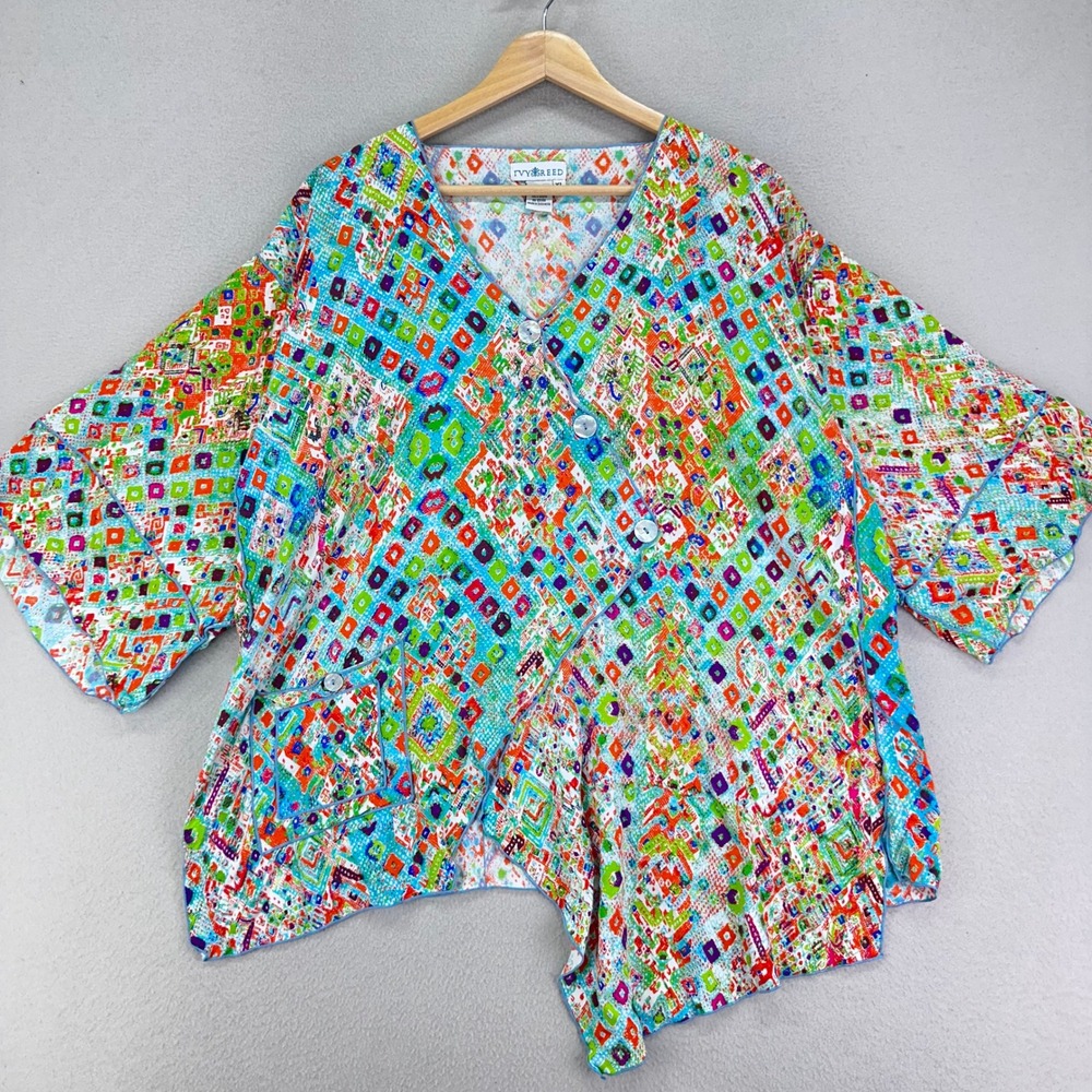 Ivy Reed‎ Blouse Womens XL Blue Lagenlook Artsy Abstract Lightweight